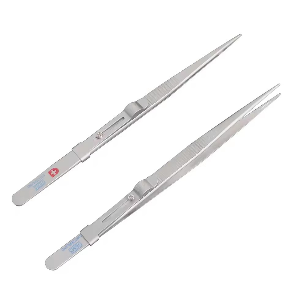 Straight Pointed Tip Diamond Stone Tweezers Stainless Steel Slide Locking Serrated Fine Pointed Tip Gem Jewelry Tools Equipment